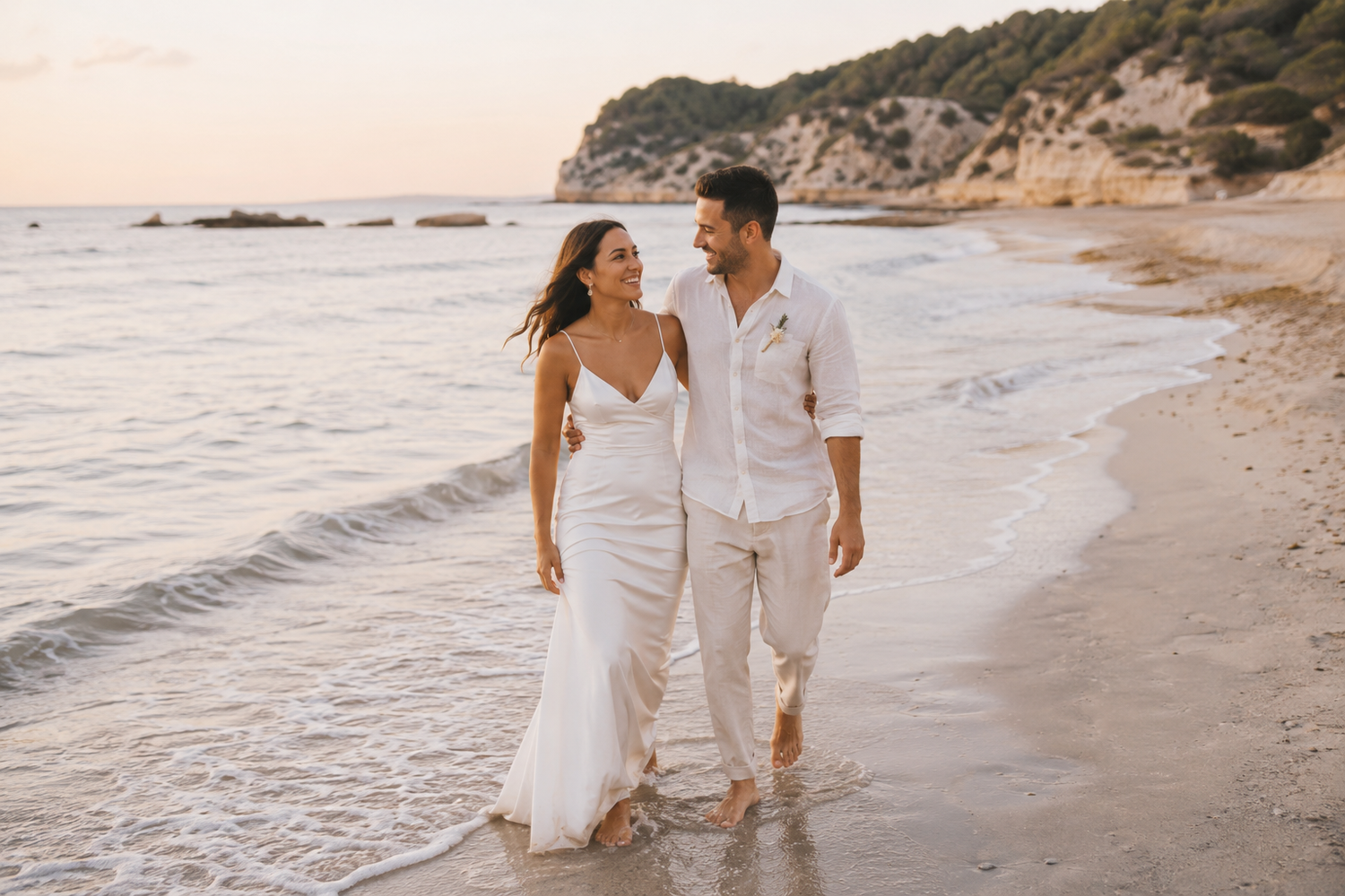 After Wedding Shooting Ibiza - Bild 05 mit Brautpaar am Meer und im Ibiza-Licht