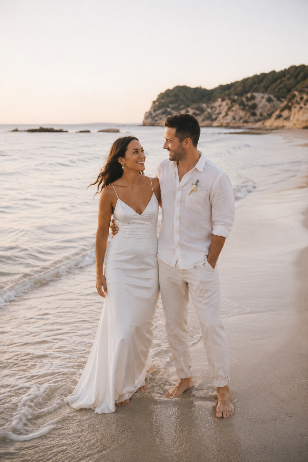 After Wedding Shooting Ibiza - Bild 06 mit Brautpaar am Meer und im Ibiza-Licht