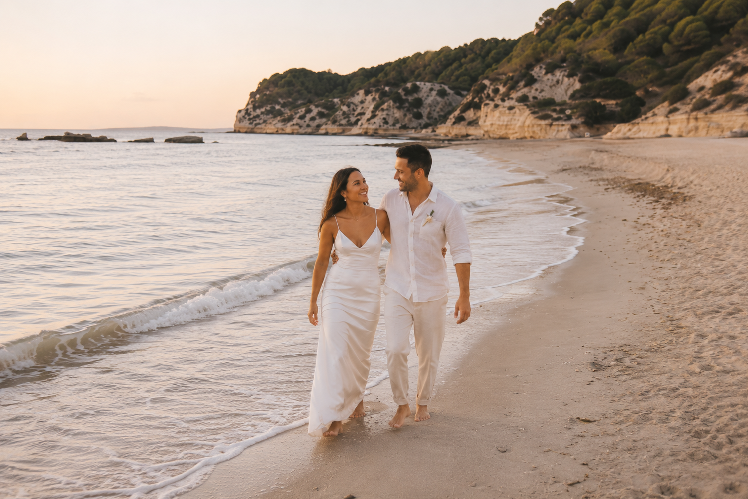 After Wedding Shooting Ibiza - Bild 07 mit Brautpaar am Meer und im Ibiza-Licht