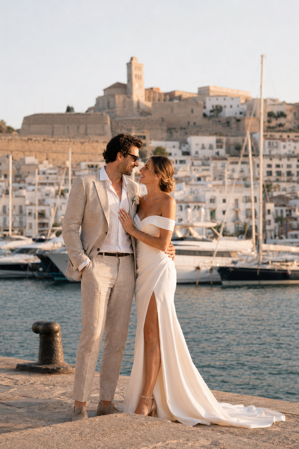 After Wedding Shooting Ibiza - Bild 10 mit Brautpaar am Meer und im Ibiza-Licht