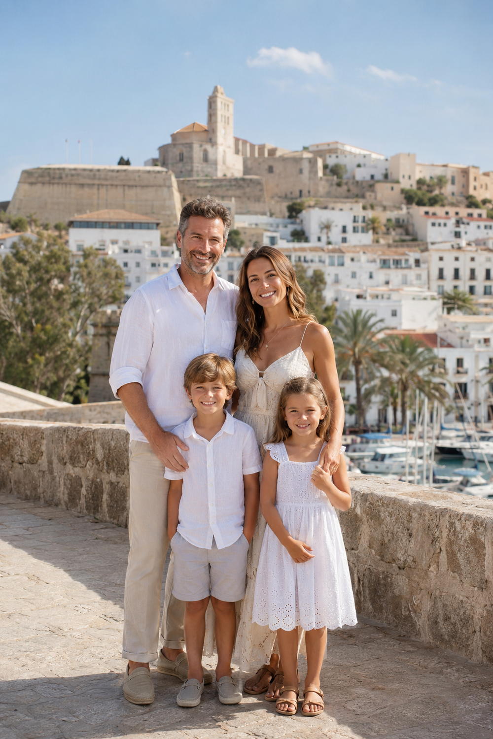 Familie spaziert barfuß am Strand von Ses Salines beim goldenen Abendlicht