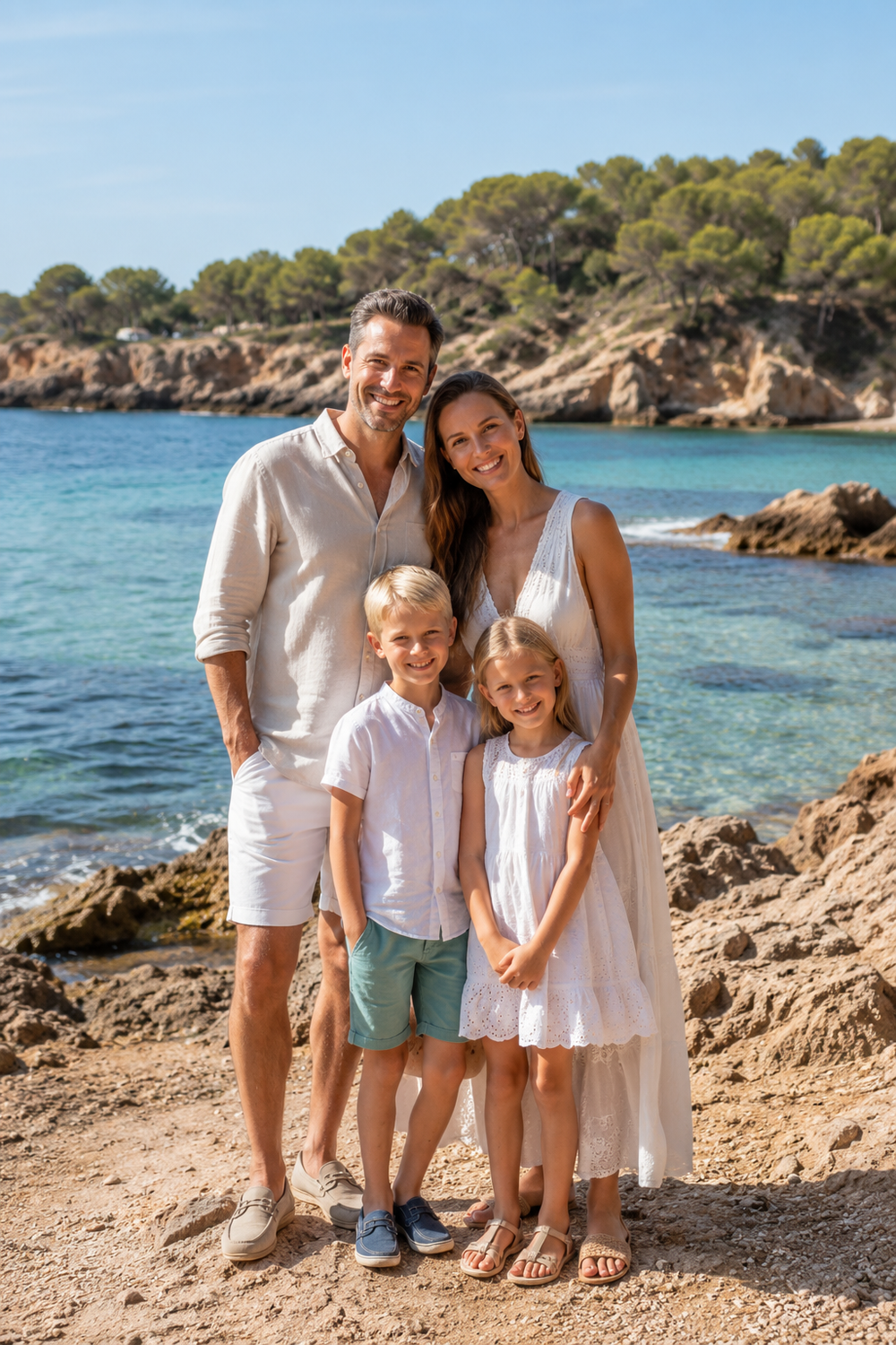 Kinder spielen am Wasser auf Ibiza, Eltern schauen lächelnd zu